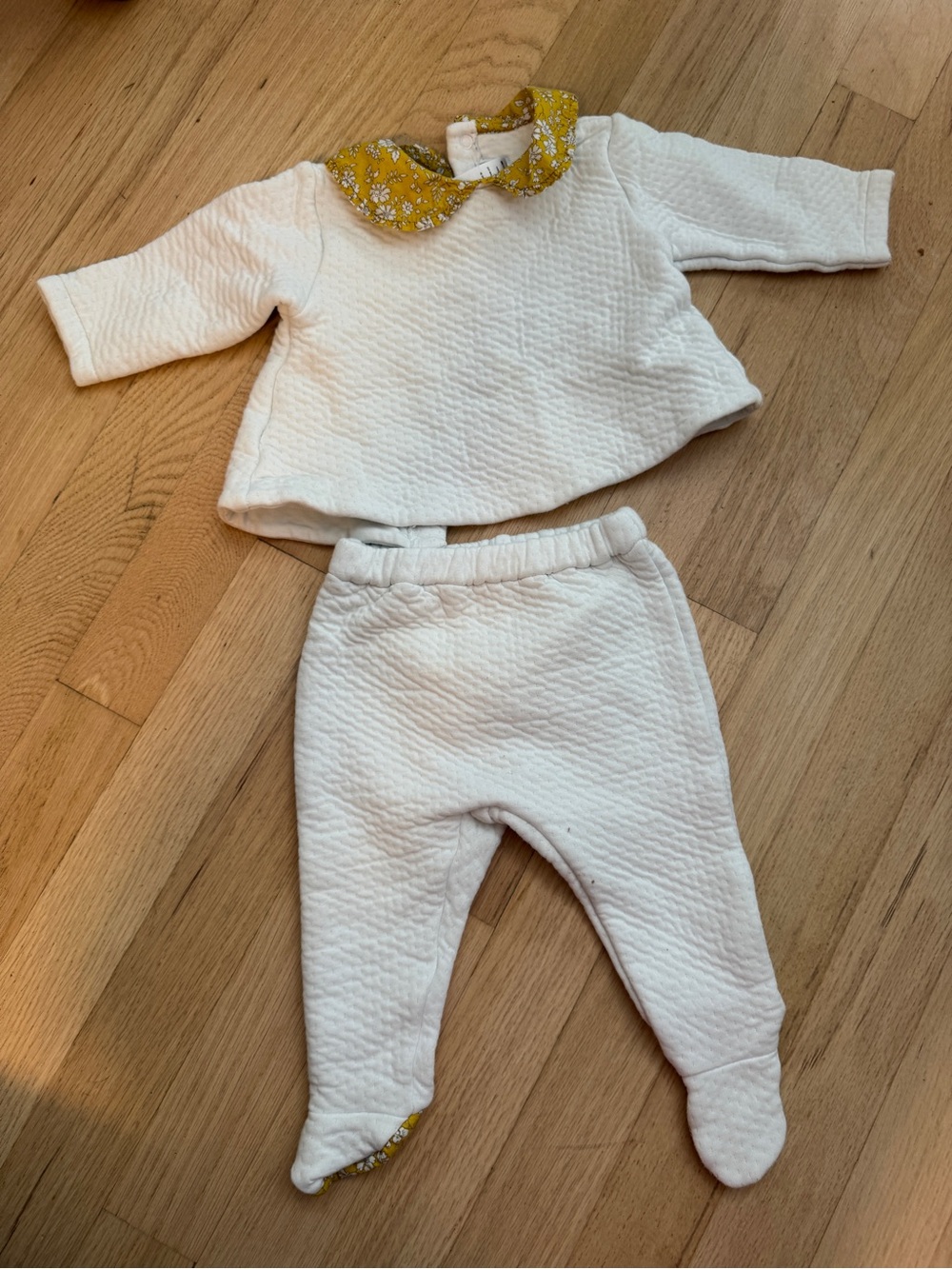 White Quilted Baby Two-Piece Set with Yellow Floral Collar